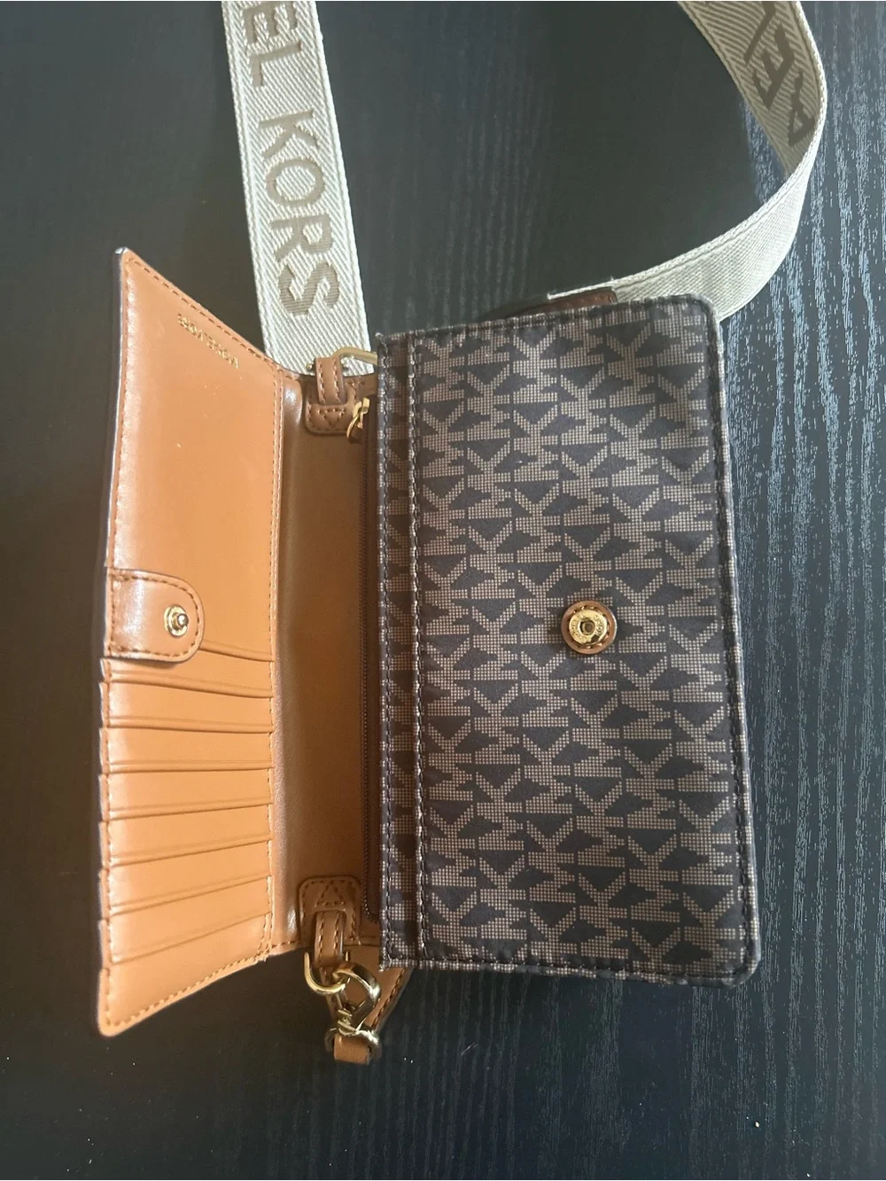 Michael Kors Brown MK Logo Crossbody with Beige Logo Strap